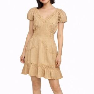 Embroidered Smocked Mini Dress Women XS/S Stretch 100% Cotton Cottage Core Beach